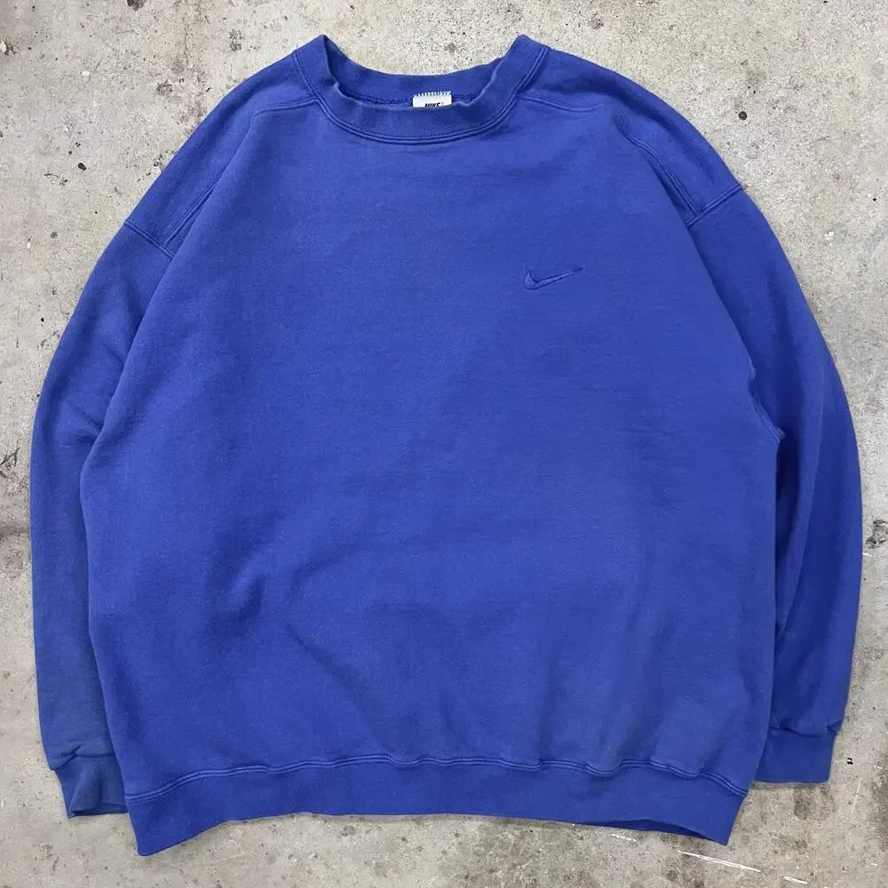 Vintage 90s Nike Tonal Royal Blue Mini Swoosh Crewneck Sweatshirt Boxy XL Fall